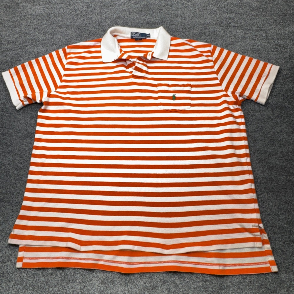 Vintage Polo Ralph Lauren Shirt Mens 2XL Orange Striped Pique Pocket Polo 90s